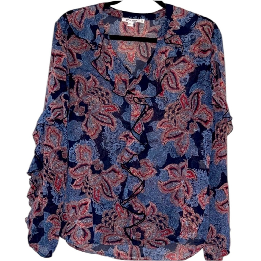 Chico's Navy and Coral Floral Ruffle Blouse